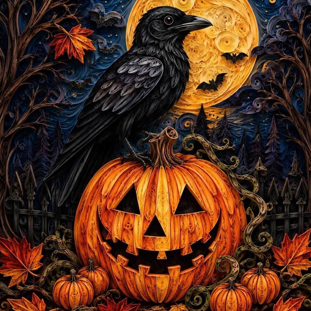 8x10 Framed Quilling-Style Raven and Pumpkin Halloween Art Print